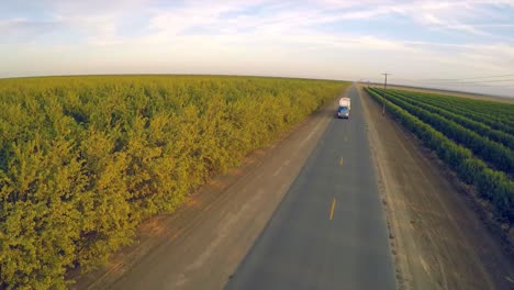 Una-Vista-Aérea-Sobre-Un-Camión-Que-Pasa-Por-Huertos-De-Almendros.