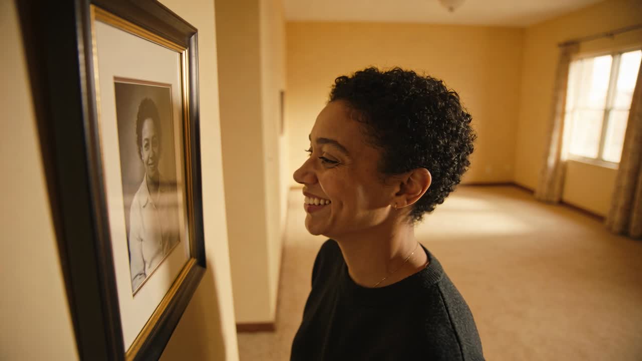 Vertical video: Noticing framed B and W portrait, woman in dark crewneck leaning, smiling at home