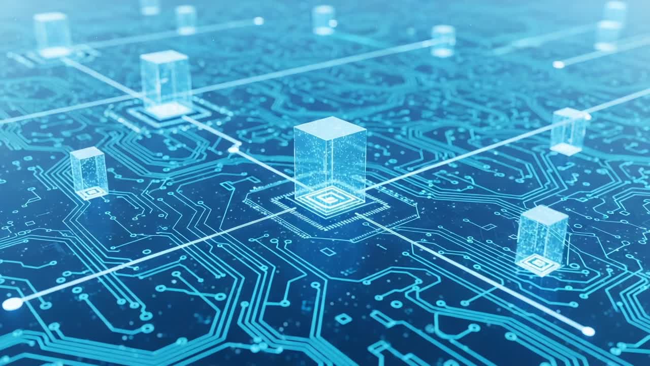 Exploring the Advanced Connectivity of Digital Blocks Amidst a Futuristic Circuit Board Landscape with Engaging Geometric Patterns and Vibrant Colors