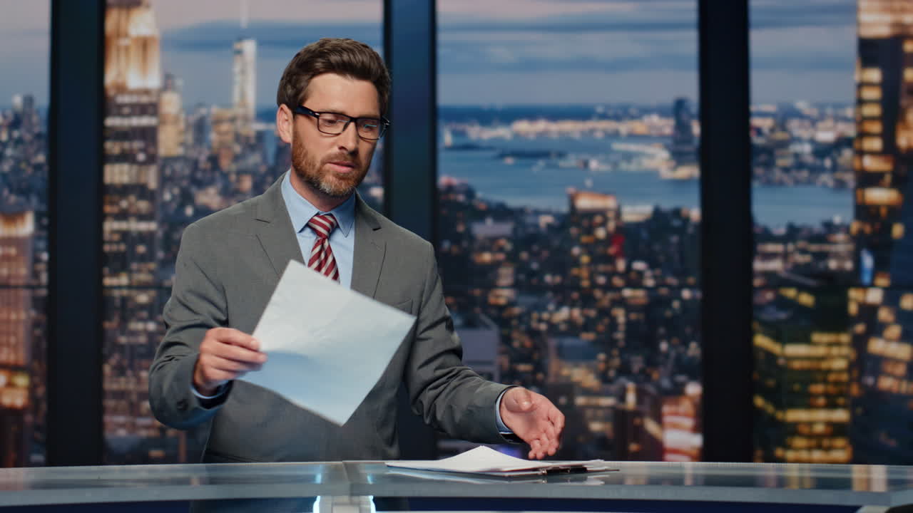 Anchorman ending tv news evening program closeup. Presenter talking television
