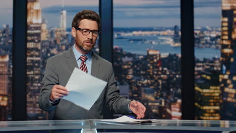 anchorman ending tv news evening program closeup. presenter talking television