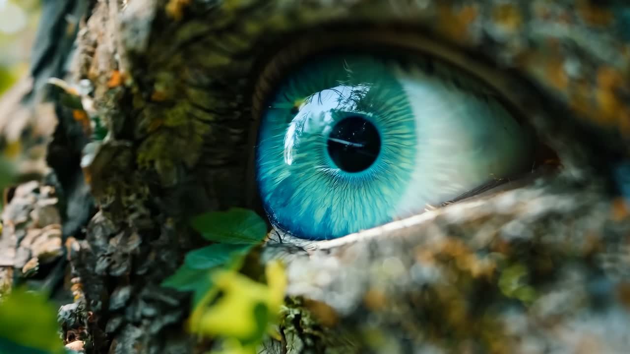 un primer plano de un árbol con un ojo azul en el medio