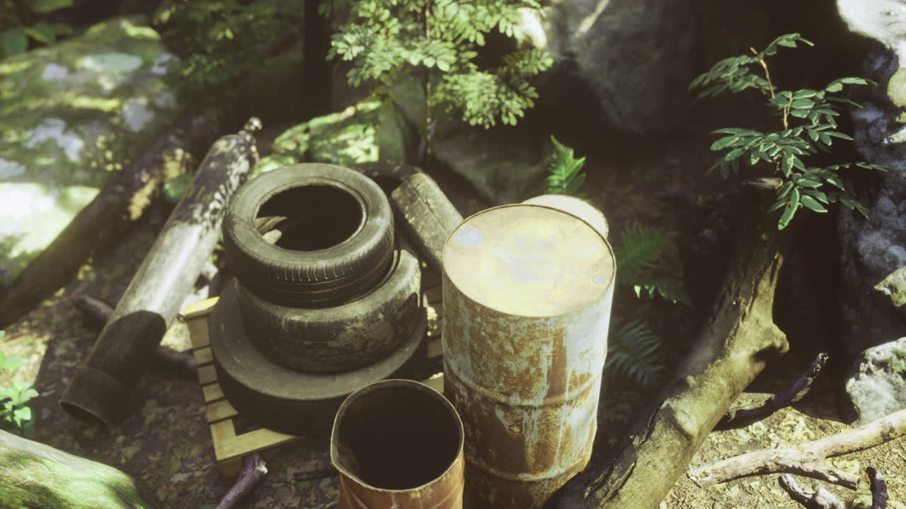 Discarded items in a natural setting reflecting environmental neglect