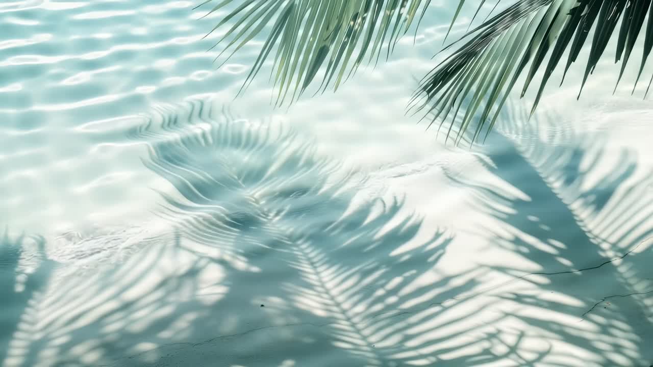 Top-down video shot of palm shadows on a sunlit pool surface, creating a serene, tropical ambiance