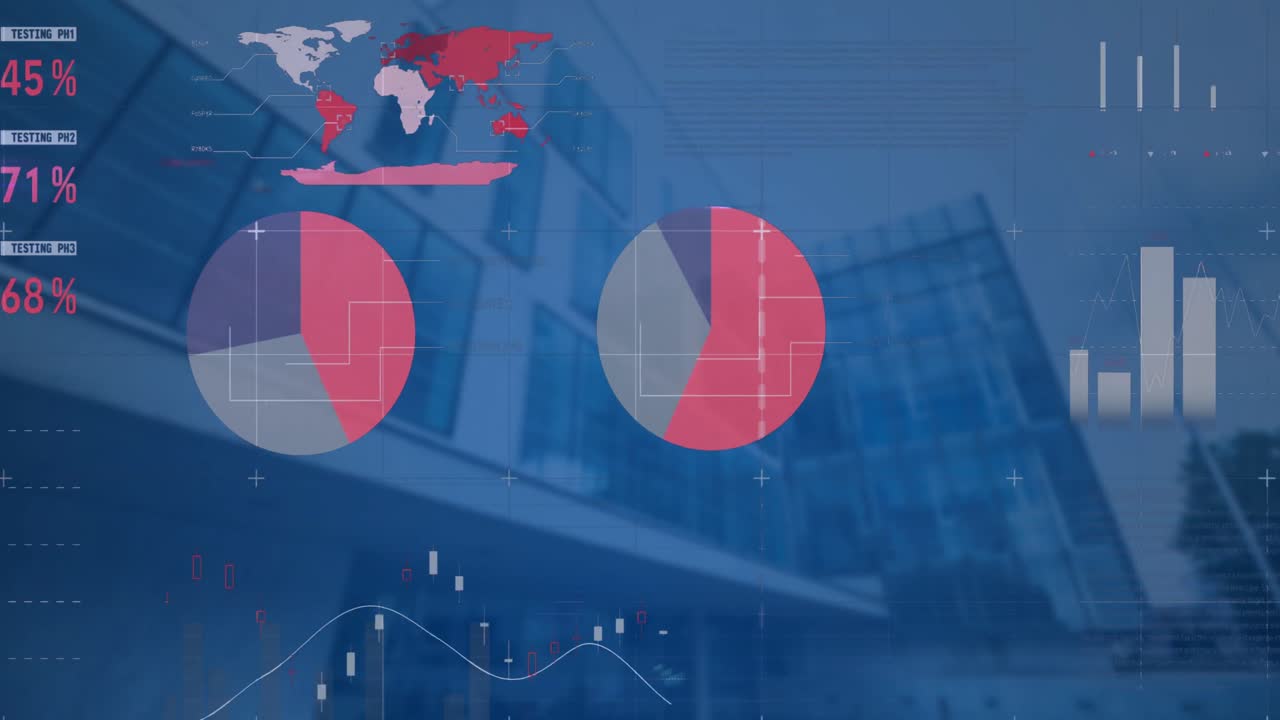 анимация статистики и обработки финансовых данных над современным зданием