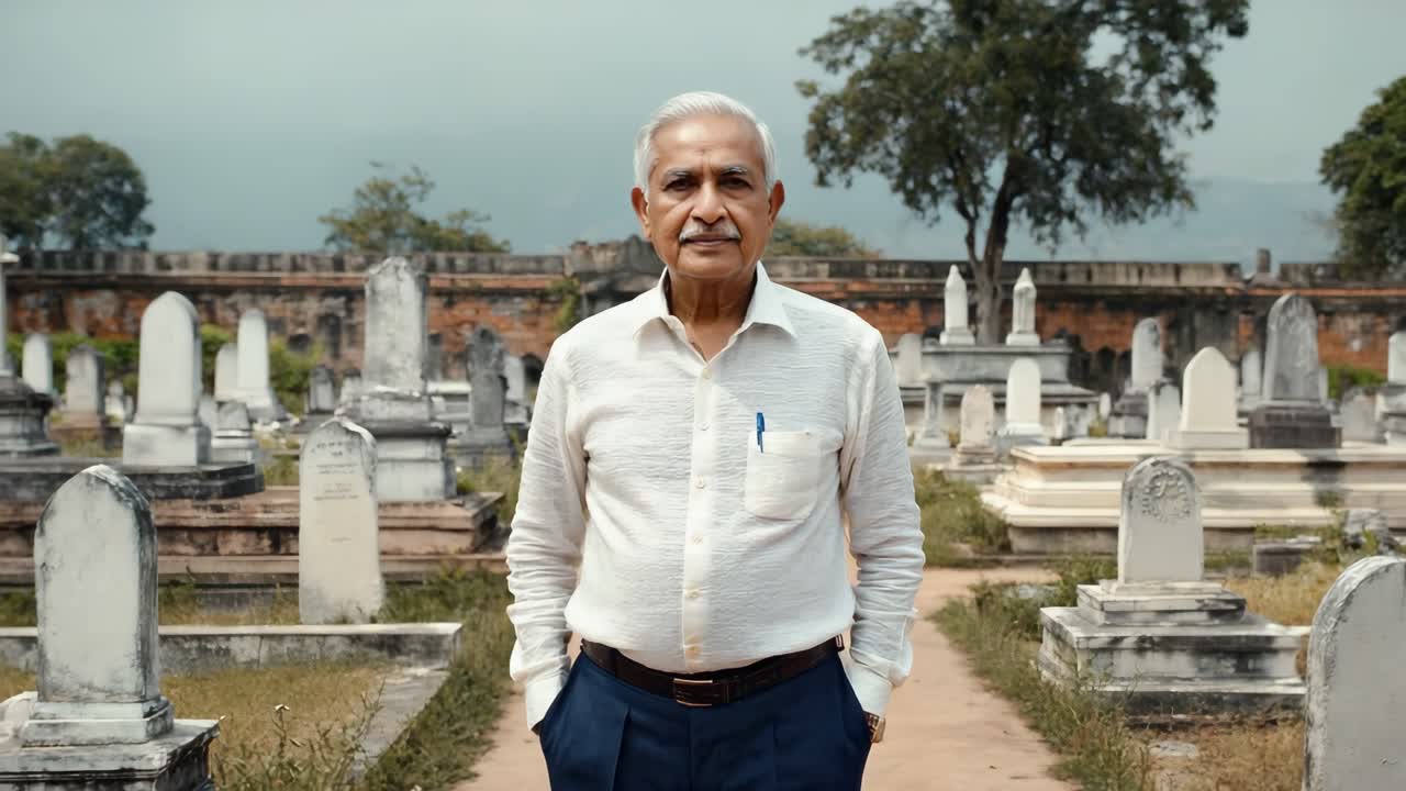 Pensive senior man standing in a cemetery, possibly reflecting on life, loss, and remembrance, surrounded by tombstones and the weight of memories