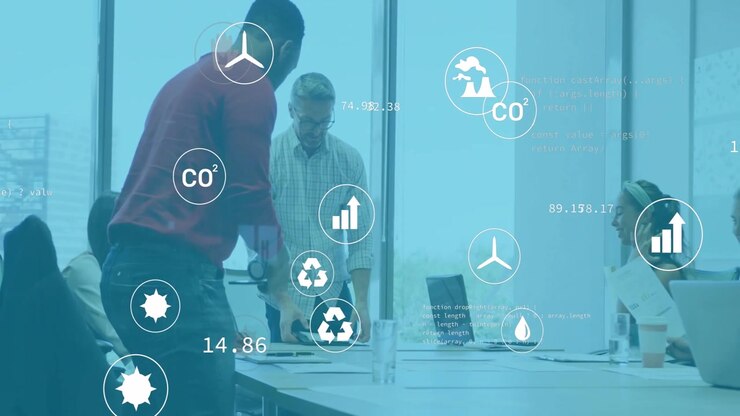 Business team gathering reports and analyzing charts while being guided by animated graphs