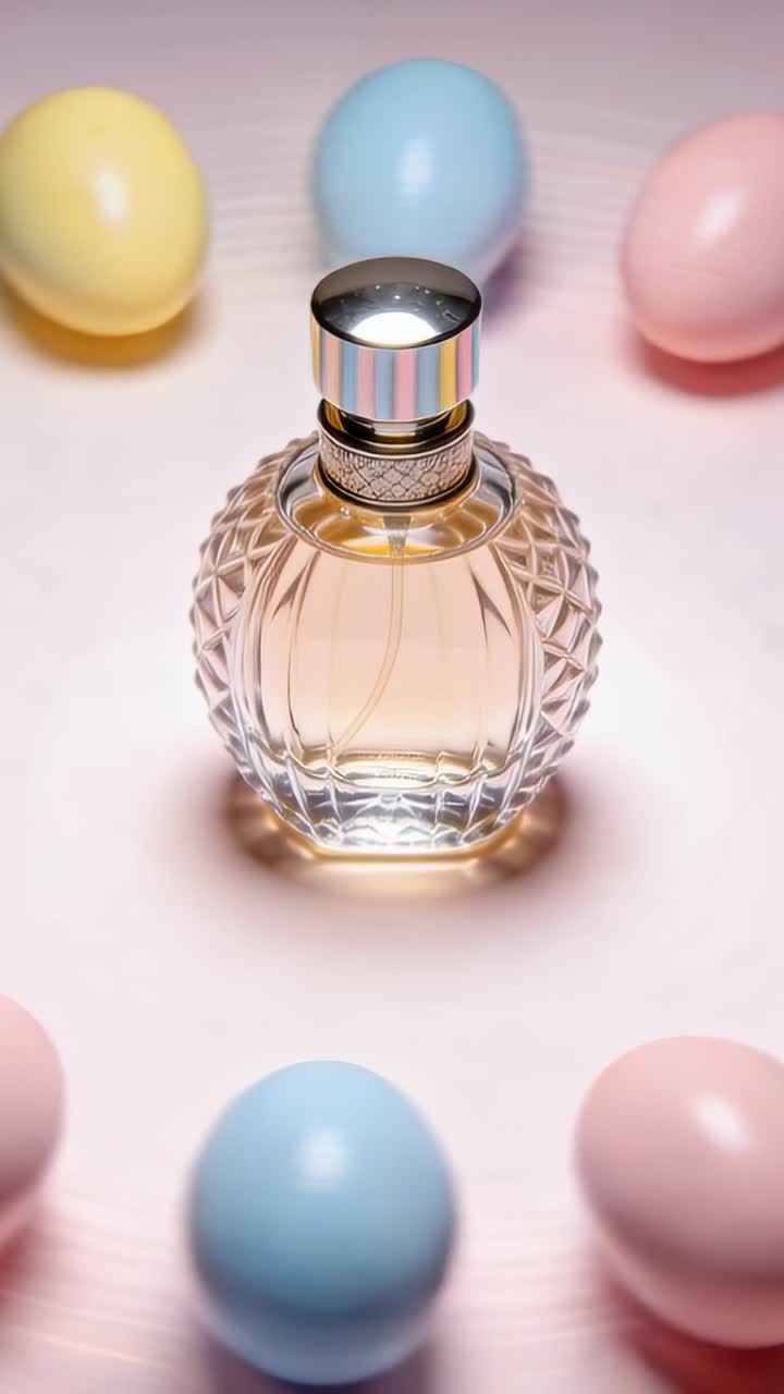 Boccetta di profumo sfaccettata posata su un tavolo rosa lucido, liquido ambrato, tappo brillante, uova pastello che girano intorno