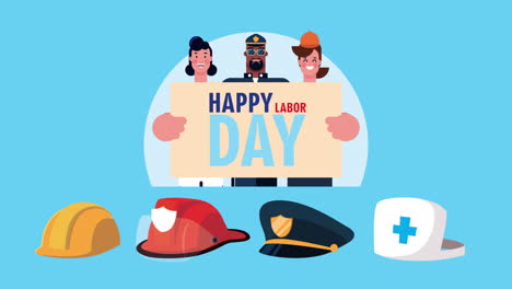 happy labor day celebration with workers lifting lettering