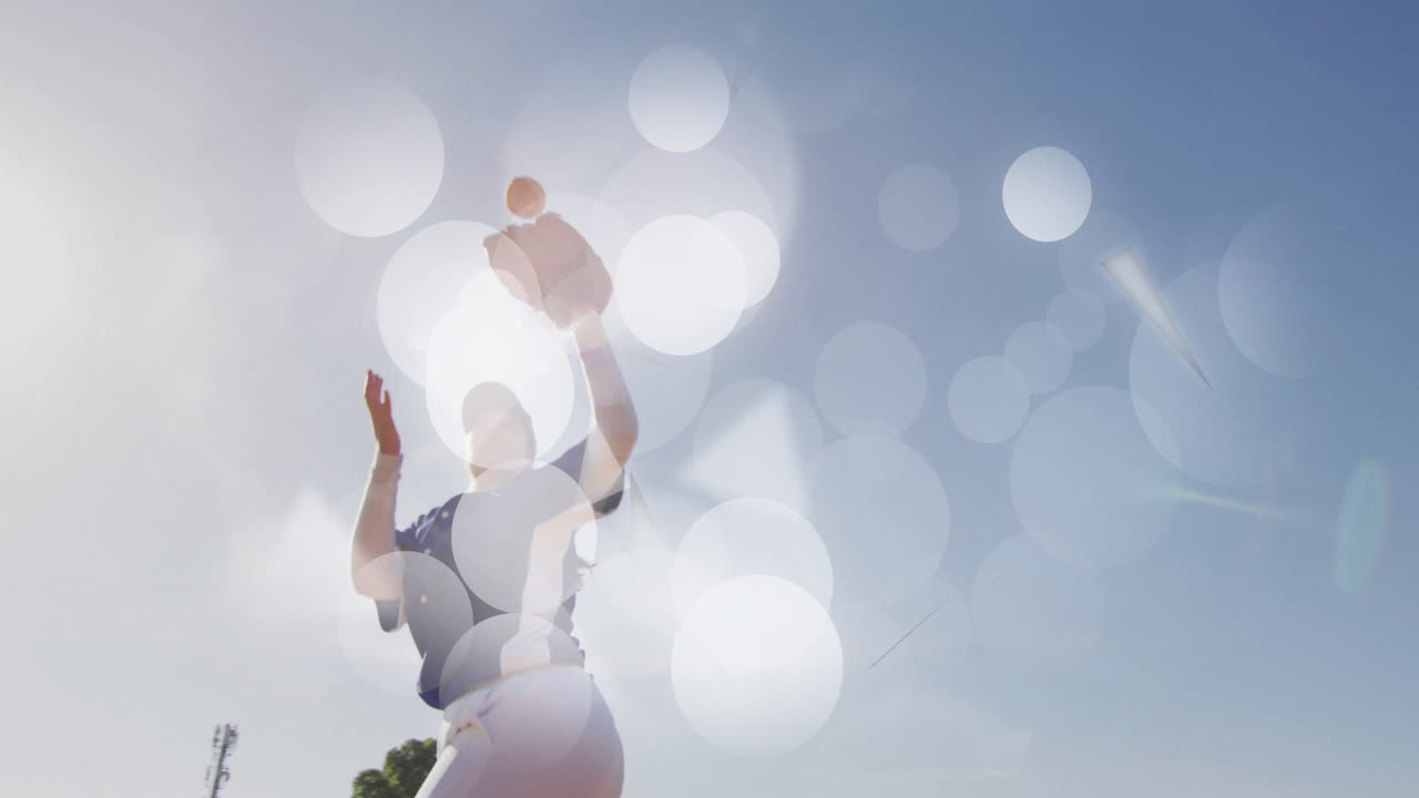 Catching baseball under bright sunlight, player with abstract light animation