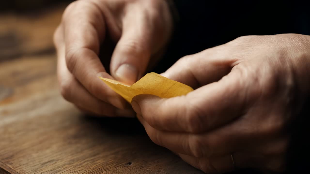 Pinching man's hands in dark cuff tearing envelope on table, revealing wax seal letter for reading