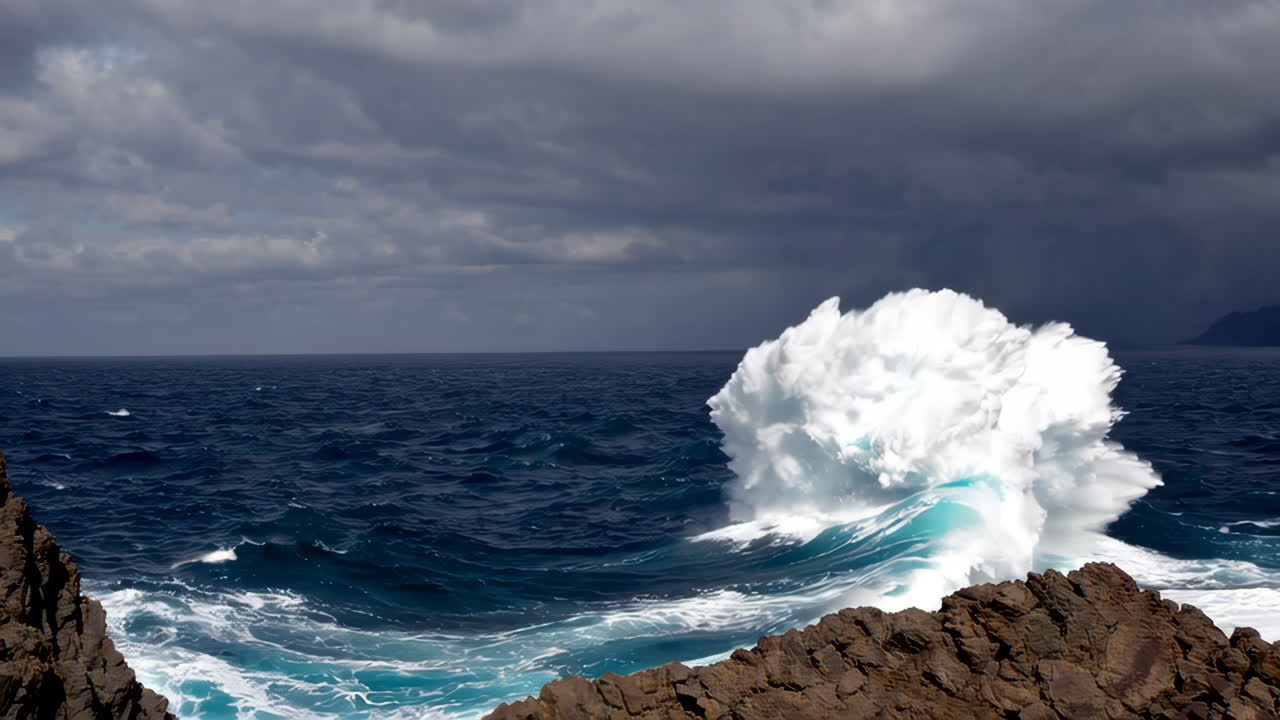 Powerful Ocean Wave Crashing on Rocks during Stormy Weather