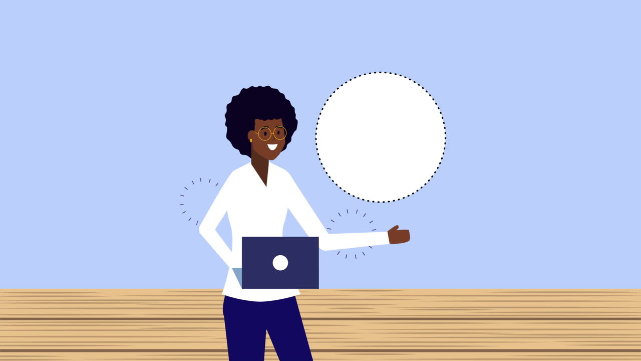 afro businesswoman using laptop with clothes animation