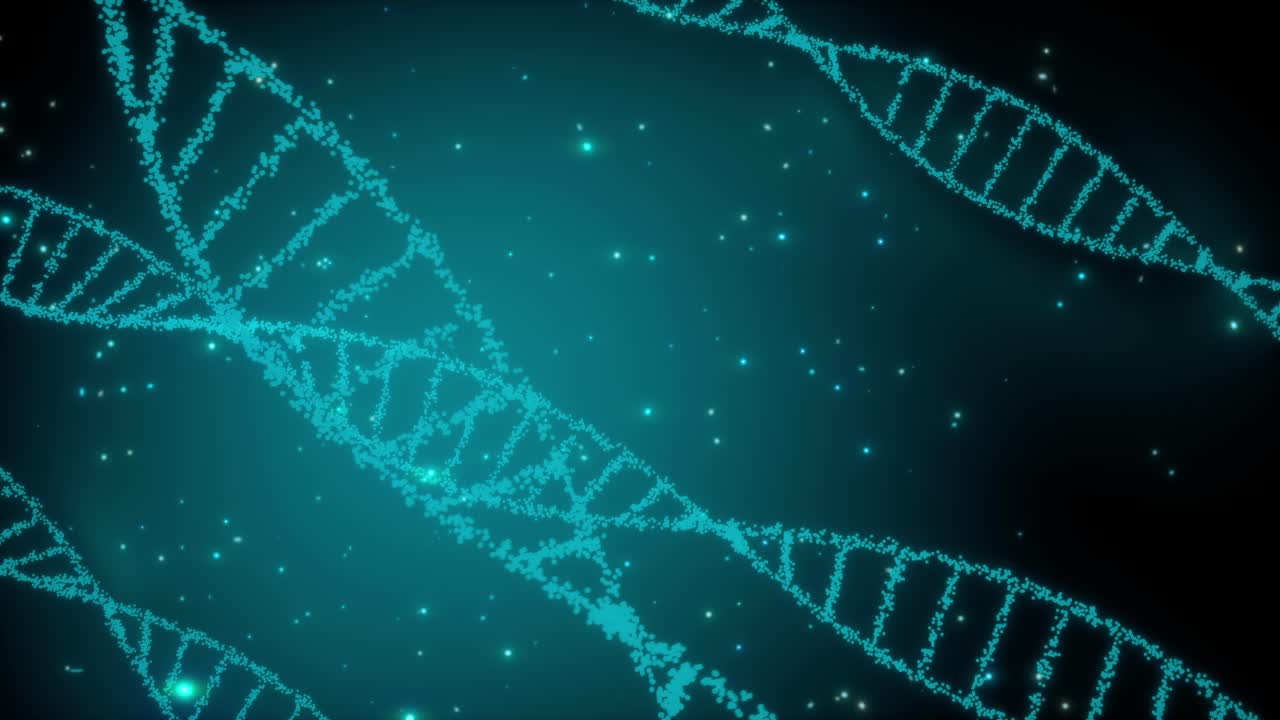 Animazione 3D renderizzata di molecola di DNA rotante e luminosa su sfondo blu. Concetto di genetica.