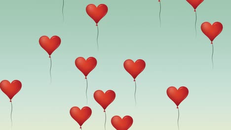 digital animation of multiple red heart shaped balloons floating against green background