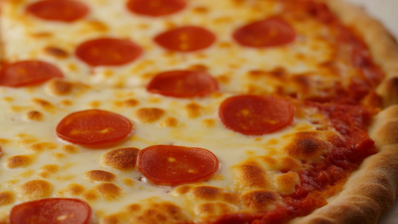 Primo piano di una pizza ai peperoni rivela formaggio fuso, bordi della crosta tostati e condimenti a strati con illuminazione calda e texture dettagliata su tutta l'inquadratura durante una presentazione di cibo stabile