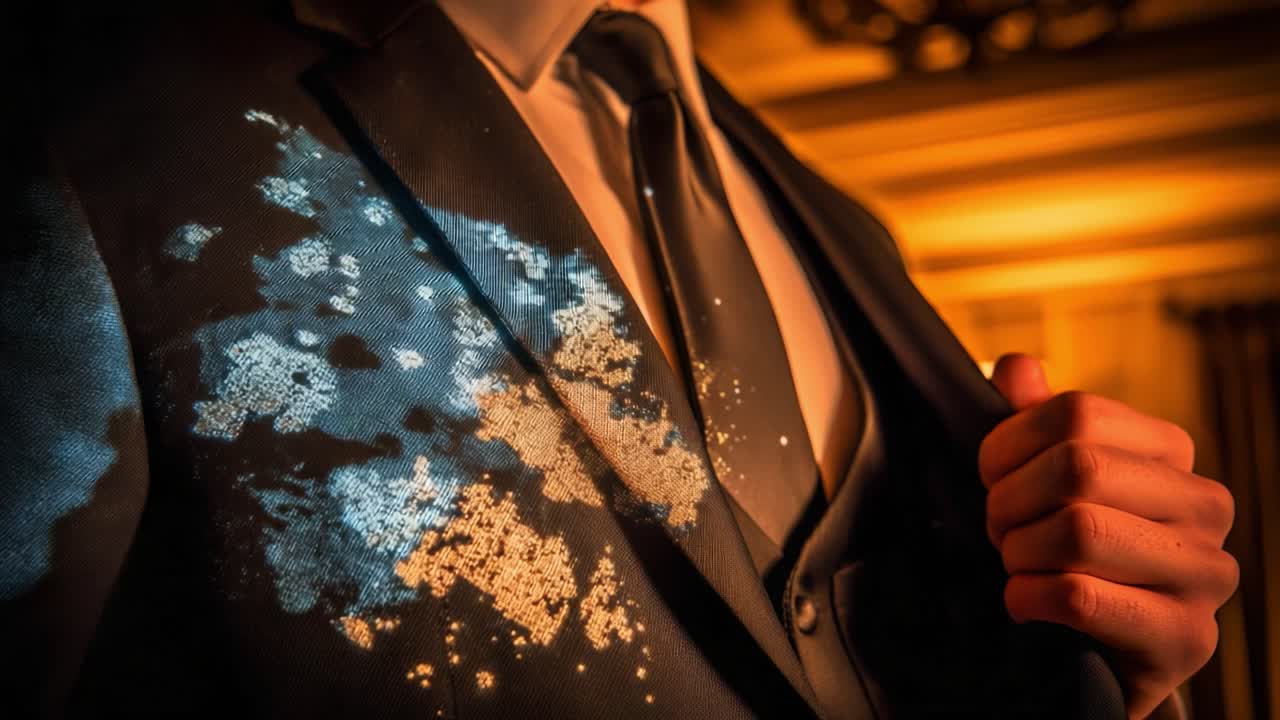 A Stylish Suit with a Unique Pattern: Artistic Light Playing on Fabric Creates an Intriguing Visual Effect, Enhancing the Elegance of Formal Attire in a Classy Setting
