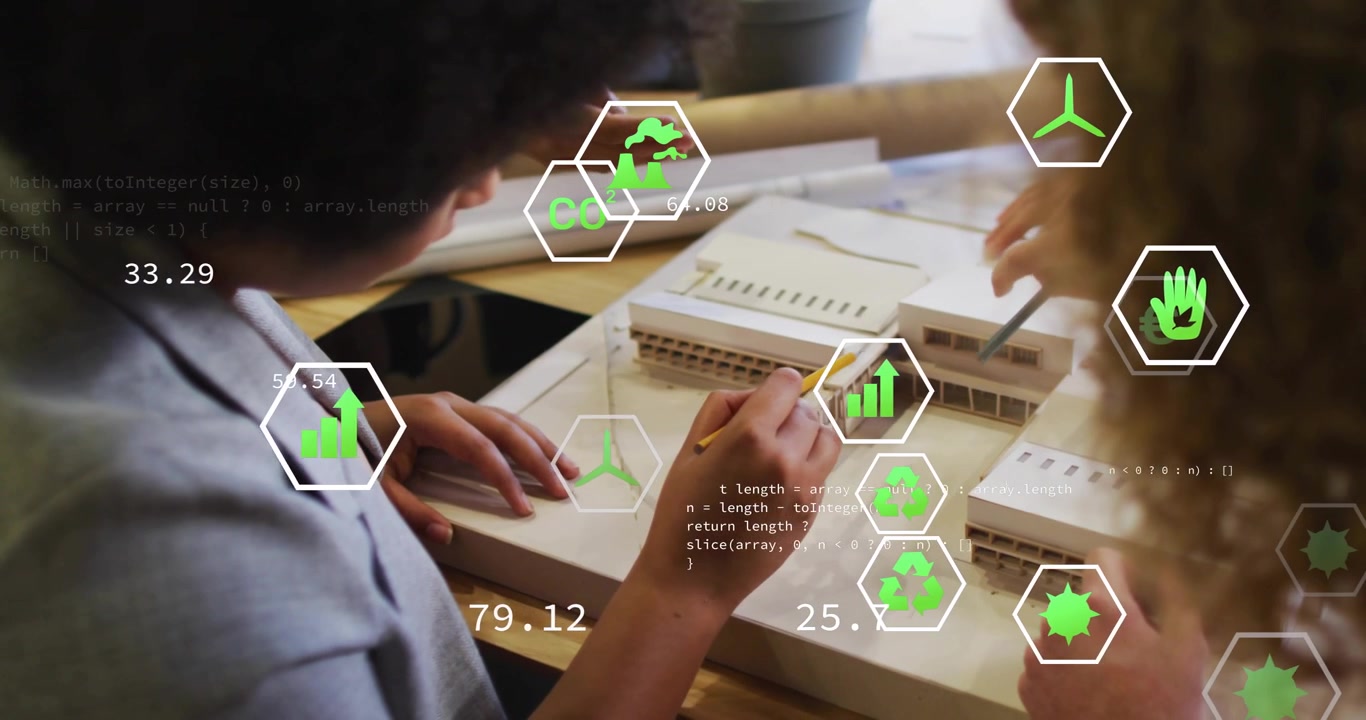 Woman picking pencil and marking model, man pointing and updating icons for architectural review