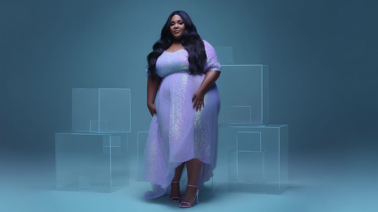 Stunning visual portrayal of a confident individual in a flowing lavender dress, showcasing beauty and elegance against a minimalist backdrop with transparent geometric shapes