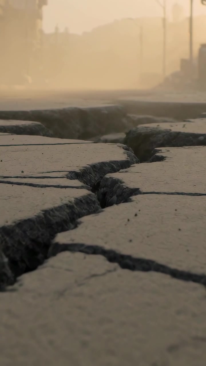 Vertical video: Dollying camera showing long road fissure widening in golden haze, gravel and posts
