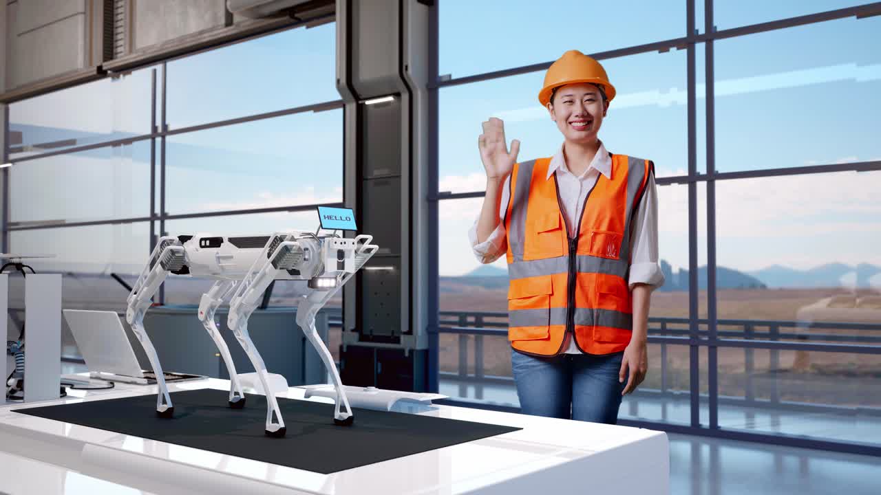 corpo pieno di ingegnere donna asiatica con casco di sicurezza sorridendo alla telecamera e agitando la mano dicendo addio mentre si trova in una fabbrica ad alta tecnologia, analizzando il concetto di macchina robotica