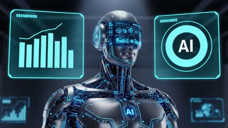 a futuristic ai robot analyzing data in a high-tech environment with graphs and digital interfaces illustrating artificial intelligence advancements
