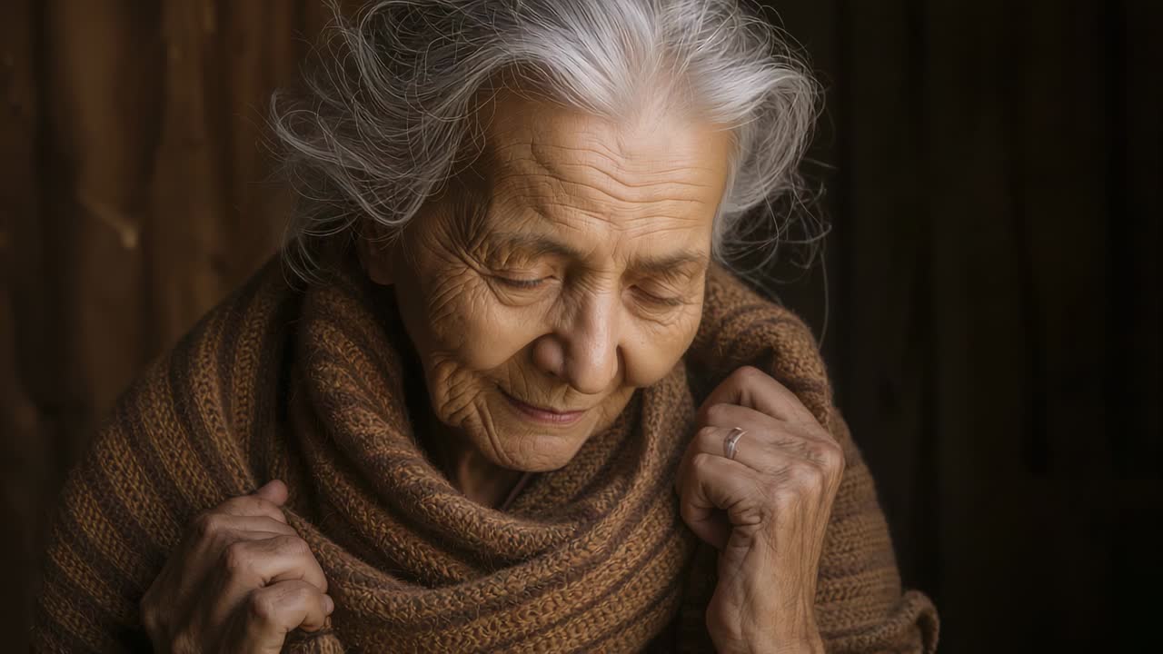 Signora anziana che solleva la testa e apre gli occhi dopo uno stimolo luminoso in interni, tenendo uno scialle, pannelli di legno