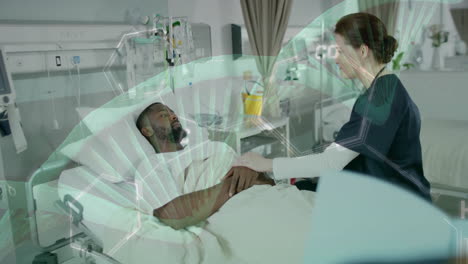 Animation-of-dna-strand-over-diverse-male-patient-and-female-doctor-in-hospital