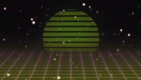 Animation-of-green-circle-glowing-over-pink-grid-moving-in-seamless-loop