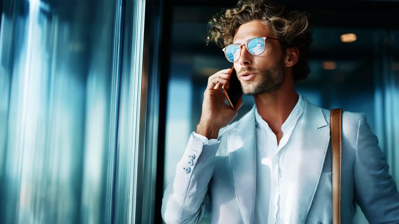 Stilfuld mand i samtale i en moderne elevator, udstråler selvtillid med et smart outfit og trendy solbriller, med en elegant, urban baggrund