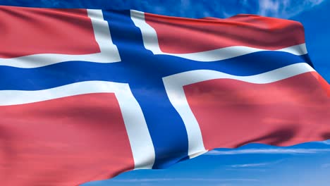 bandera de noruega con estructura de tela contra un cielo nublado (en bucle)