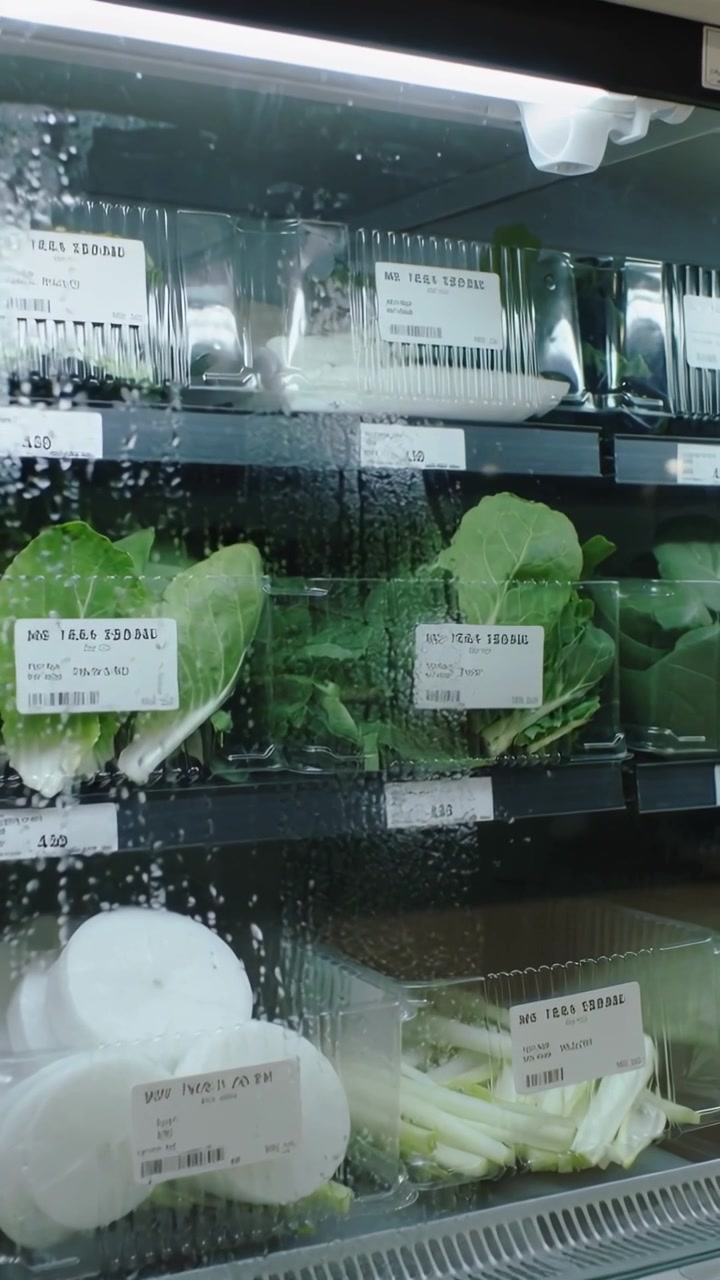 Vídeo vertical: Câmera portátil em panorâmica revelando expositor refrigerado de hortifrúti na loja, mostrando verduras.