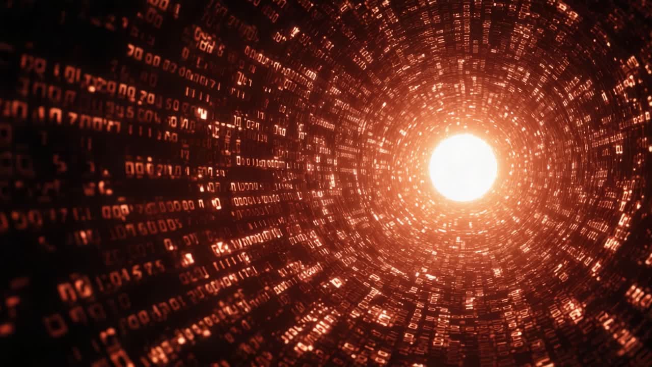 A Mesmerizing Glimpse into a Digital Tunnel of Light and Binary Code, Illuminating the Intersection of Technology and Infinite Possibilities