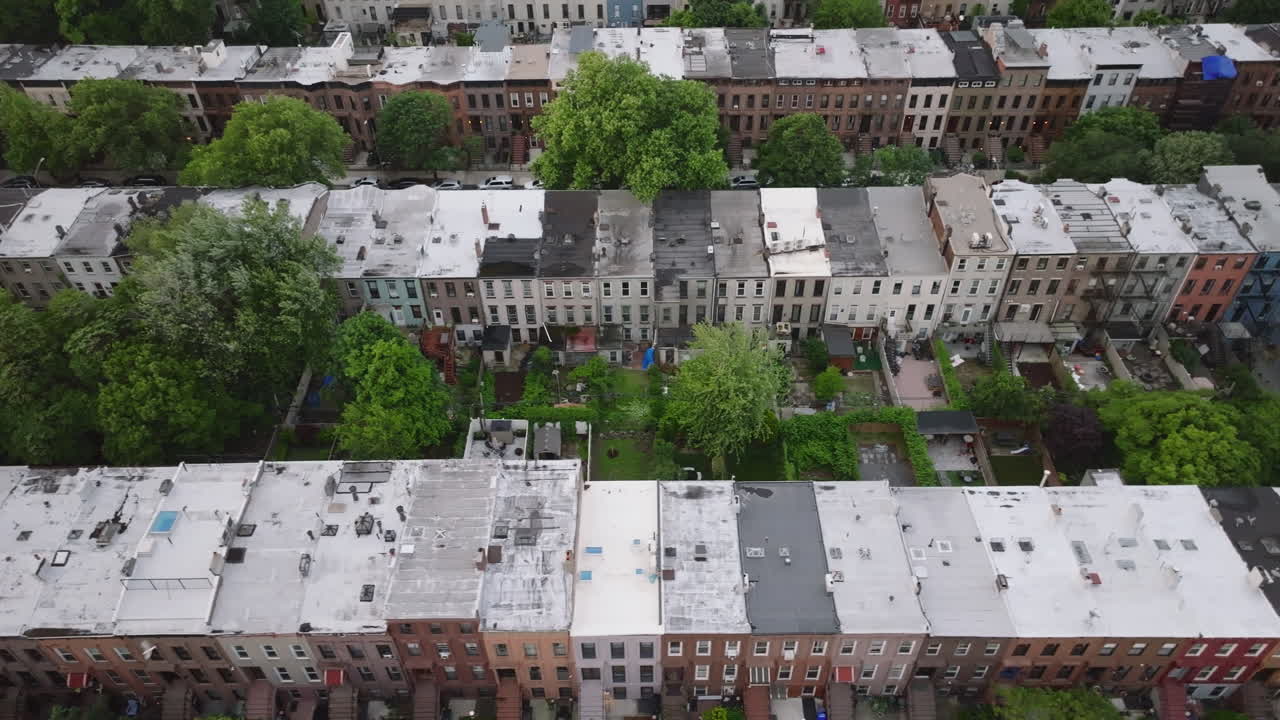 Aerial view of Brownstones in Bedford-Stuyvesant, Brooklyn. Shot on an overcast morning.