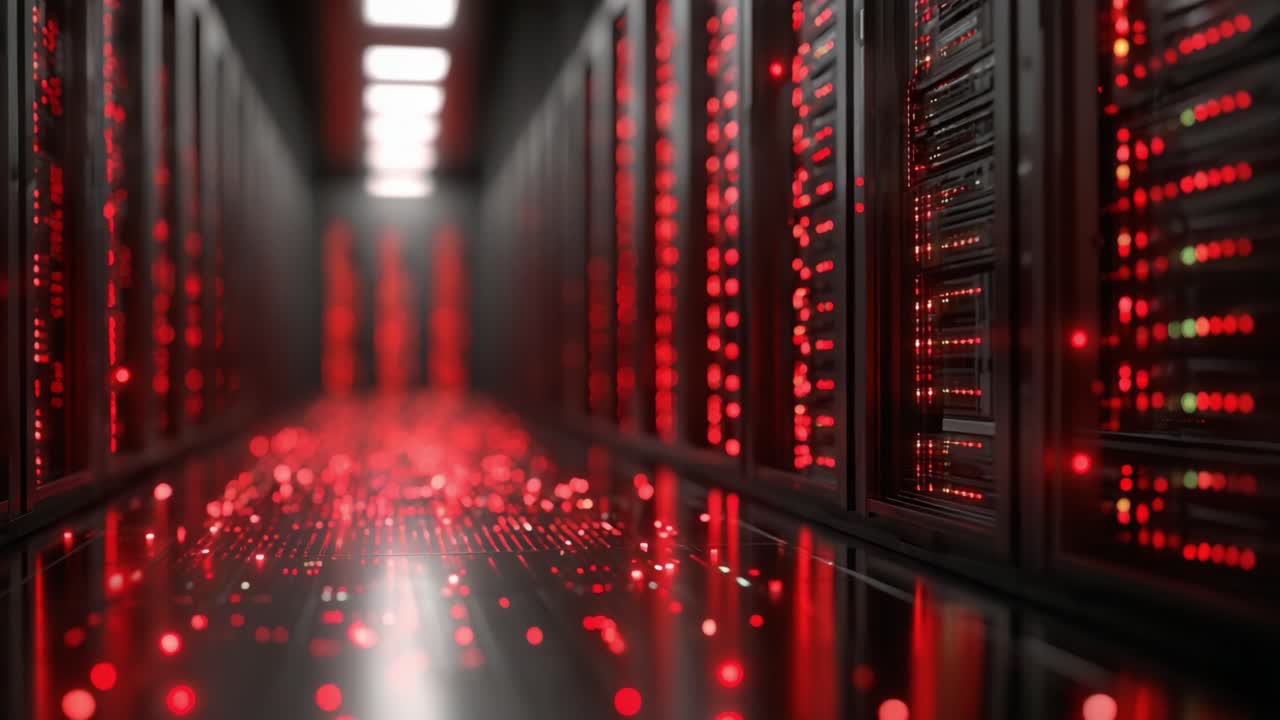 A High-Tech Data Center with Rows of Glowing Red Servers Illuminating a Modern Digital Environment with Pulsating Lights and Cutting-Edge Technology