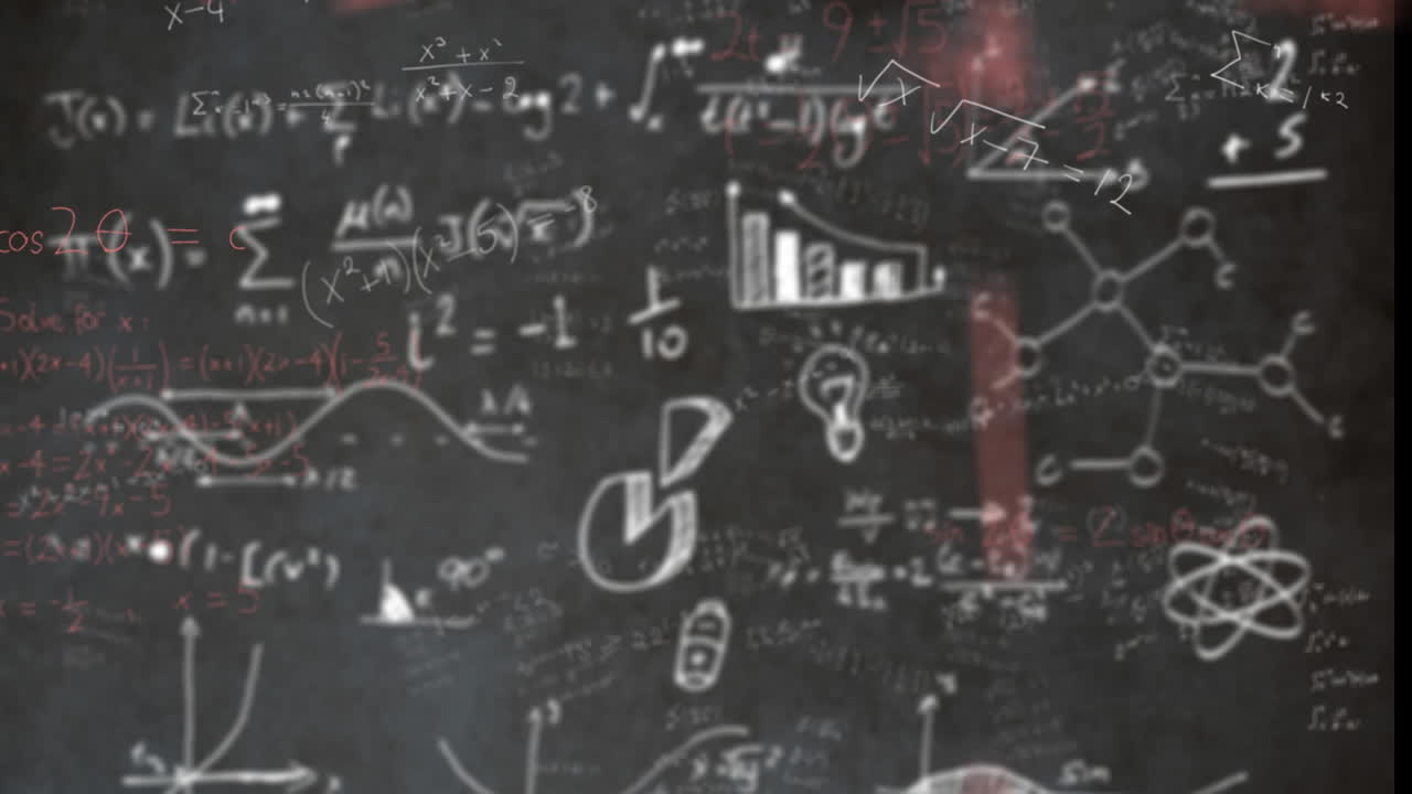 animación de ecuaciones y fórmulas matemáticas flotando contra la pizarra