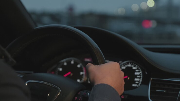 Mani maschili che tengono il volante.