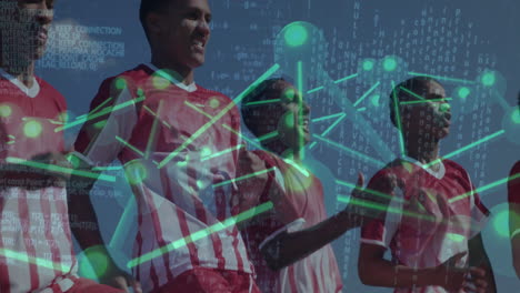 celebrating victory, diverse soccer players with digital network connections overlay