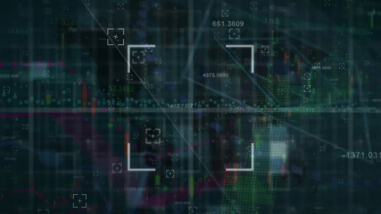 추상적인 배경에 변화하는 숫자를 가진 여러 그래프에 대한 뷰파인더의 애니메이션