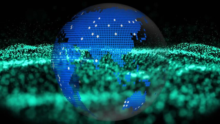 Animation of globe over moving wave of blue dots on black background