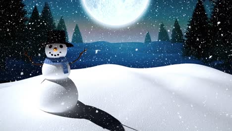 Animation-of-snow-falling-over-smiling-snowman-in-winter-scenery