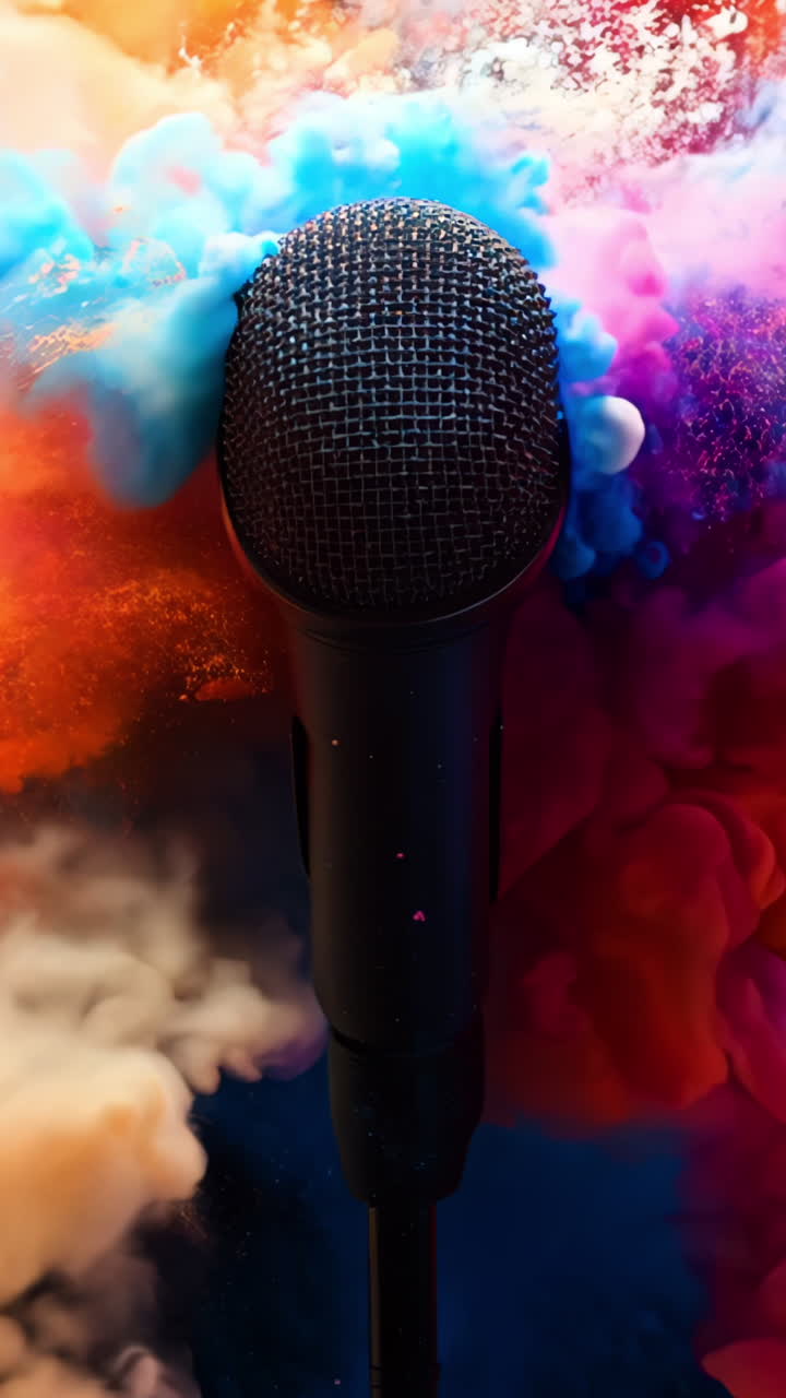 A microphone is in front of a colorful explosion. The microphone is pointing towards the explosion, as if it is capturing the sound of the explosion. The explosion is colorful and vibrant