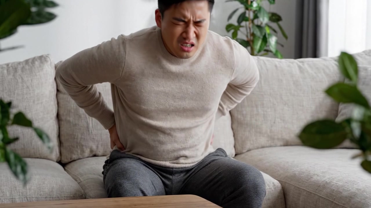 Man Experiencing Discomfort While Sitting on Couch, Focused on Back Pain Relief During a Home Setting Surrounded by Indoor Plants