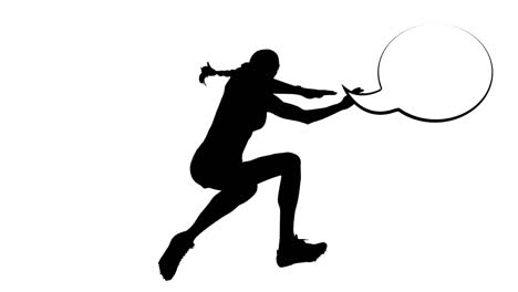 animation of silhouette of female long jumper with speech bubble on white background