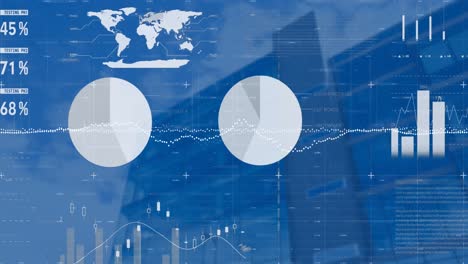 animation of statistical data processing against low angle view of tall building