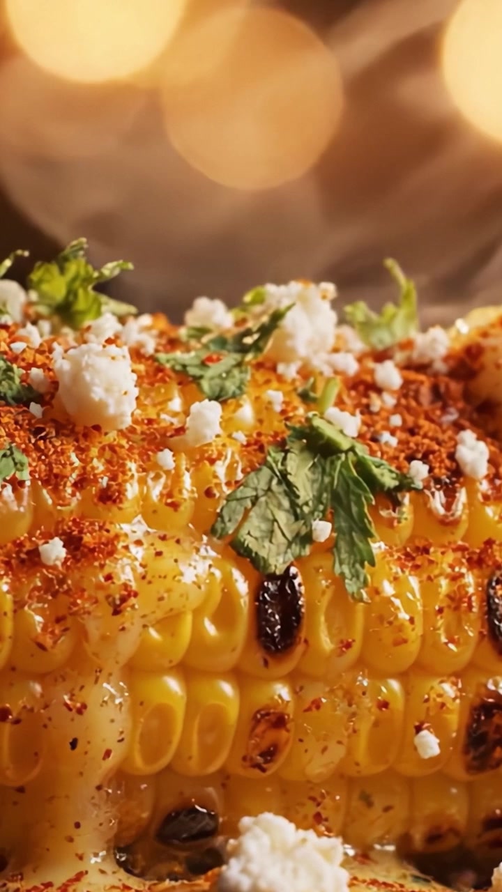 Pannocchia di Mais Squisitamente Grigliata Guarnita con Formaggio Sbriciolato, Spezie ed Erbe Fresche: Una Delizia Culinaria Irresistibile