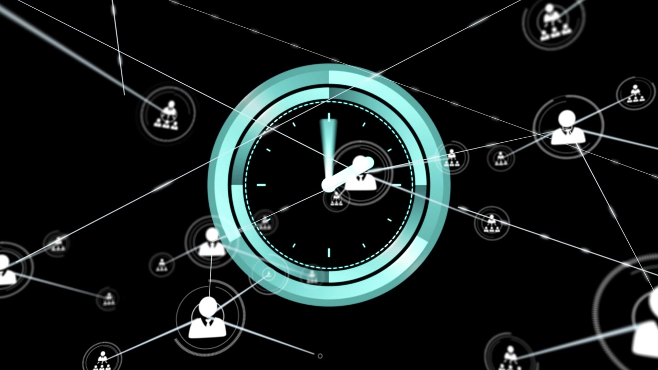 Animation of network of connections with icons over moving clock on black background