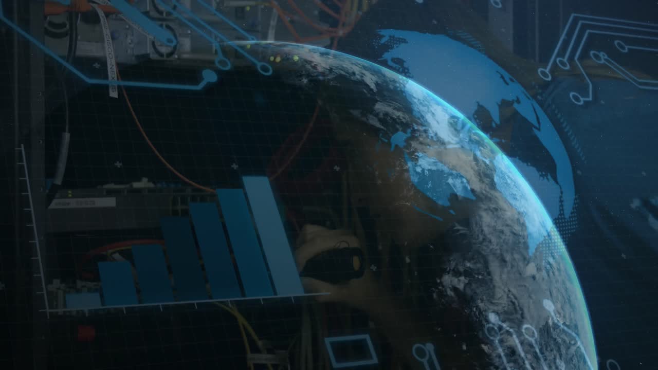 Animation of globe rotating over data and graphs on black background