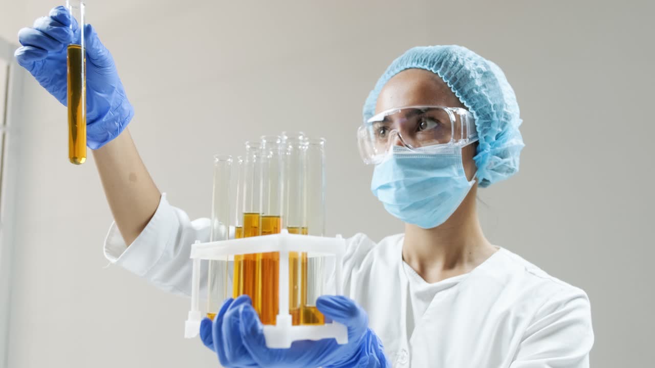 실험실 에서 실험 튜브 를 검사 하는 과학자