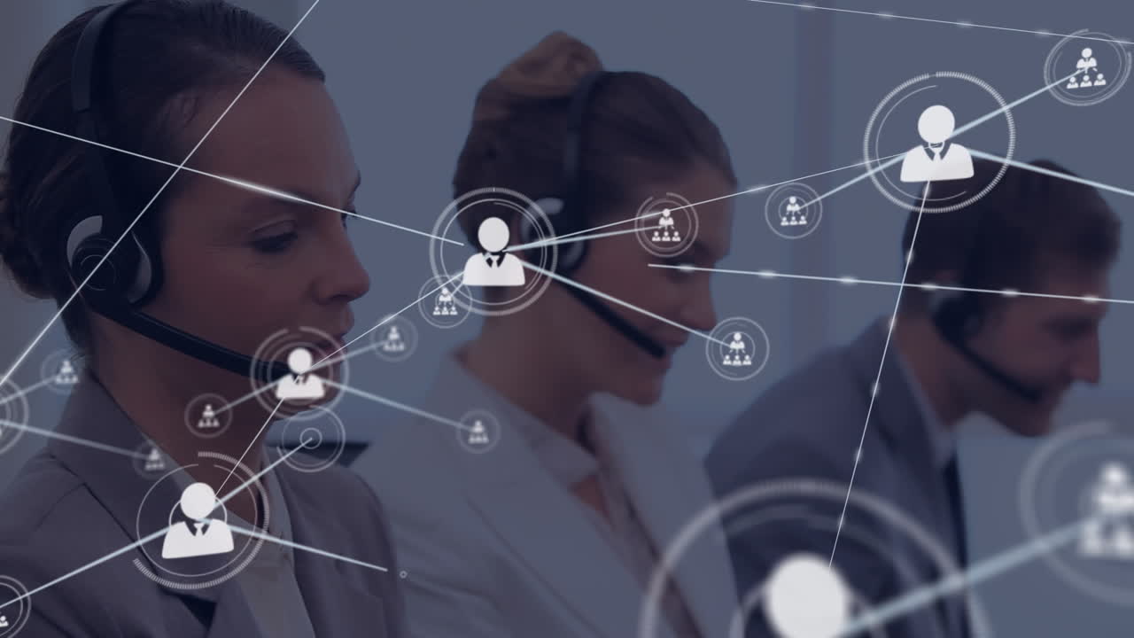 Animation of network of profile icons over caucasian woman wearing phone headset smiling at office